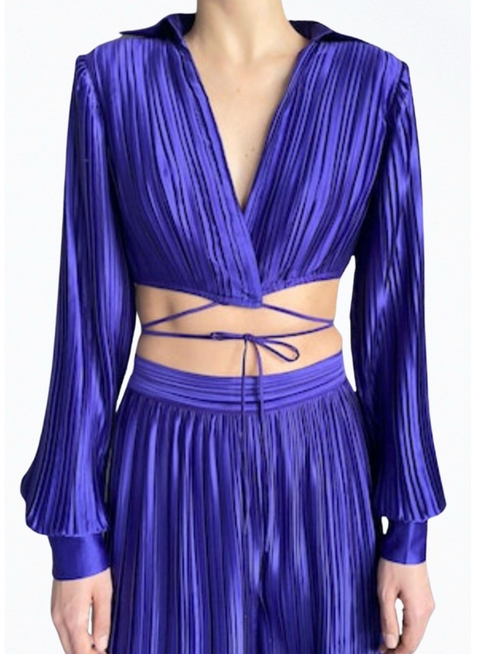 Rococo Sand Cassi Cropped Pleated Plisse Wrap Long Sleeve Top in Purple Medium